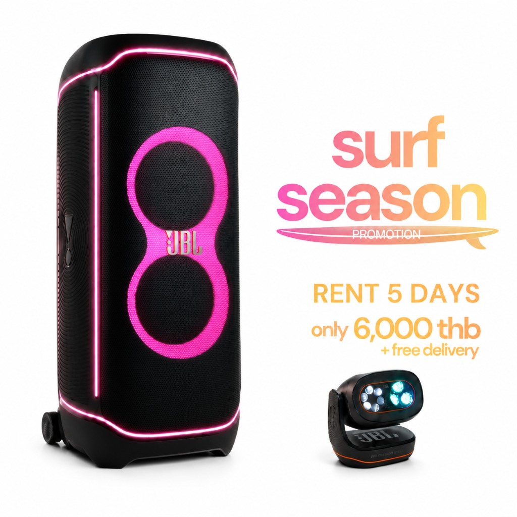 SerfSeason Set 5-day rental in Phuket with JBL PartyBox Ultimate and JBL party light