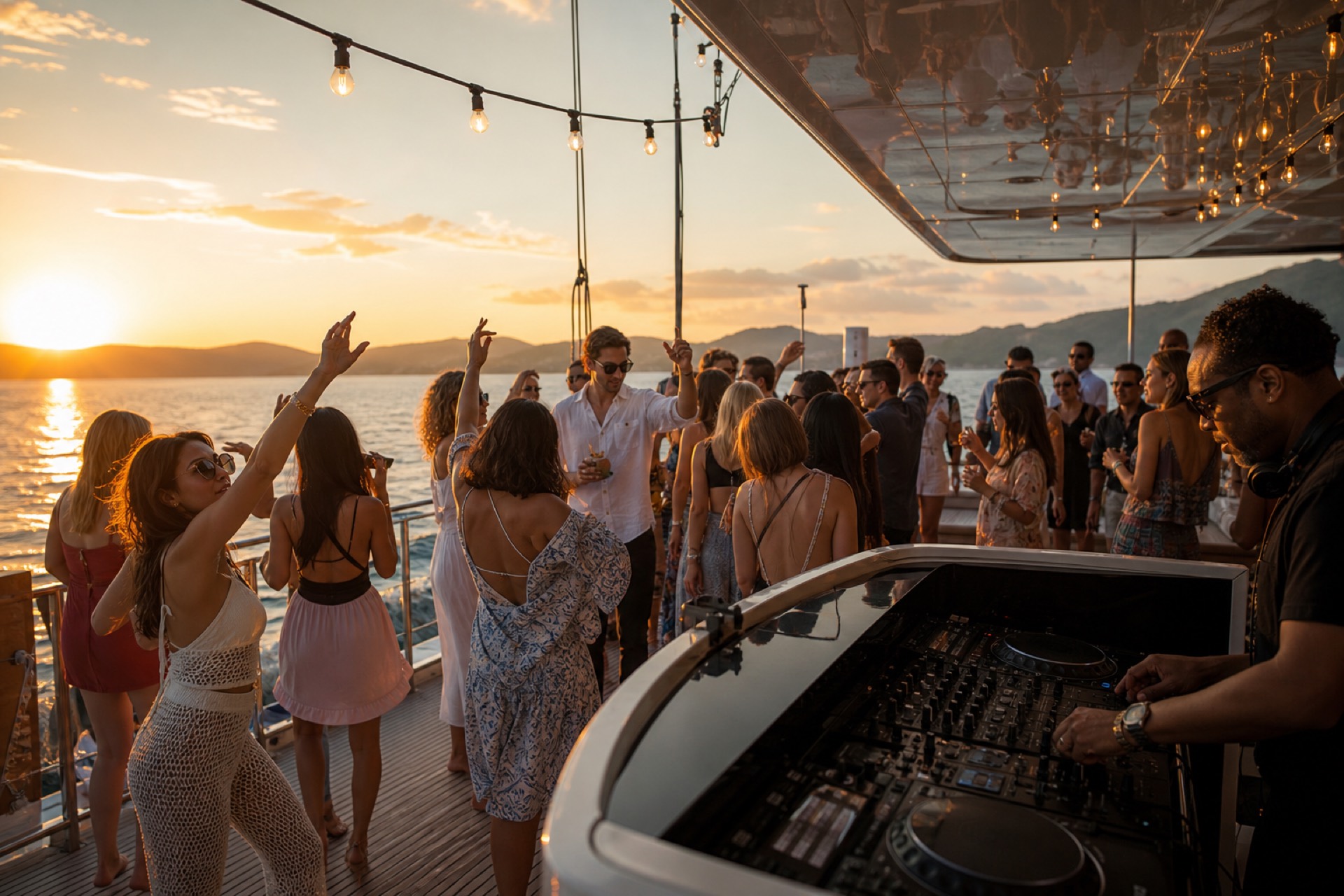 Luxury yacht party at sunset in Phuket with DJ and guests on deck