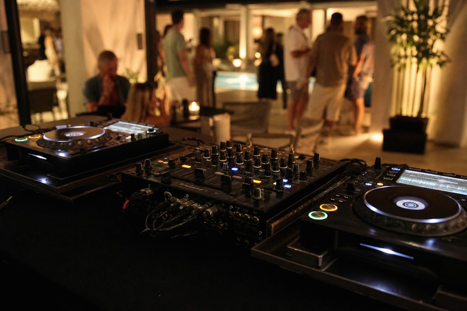 DJ setup rental in Phuket — Pioneer CDJs and mixer ready for a villa party