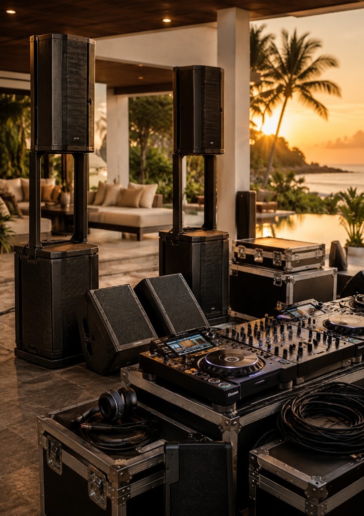 DJ setup rental in Phuket — Pioneer controller, speakers and flight cases at a luxury villa with pool and sunset view