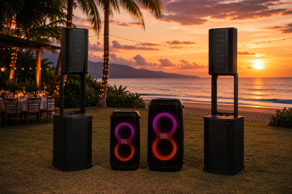JBL PartyBox and professional speaker rental in Phuket — beach event sound setup at sunset