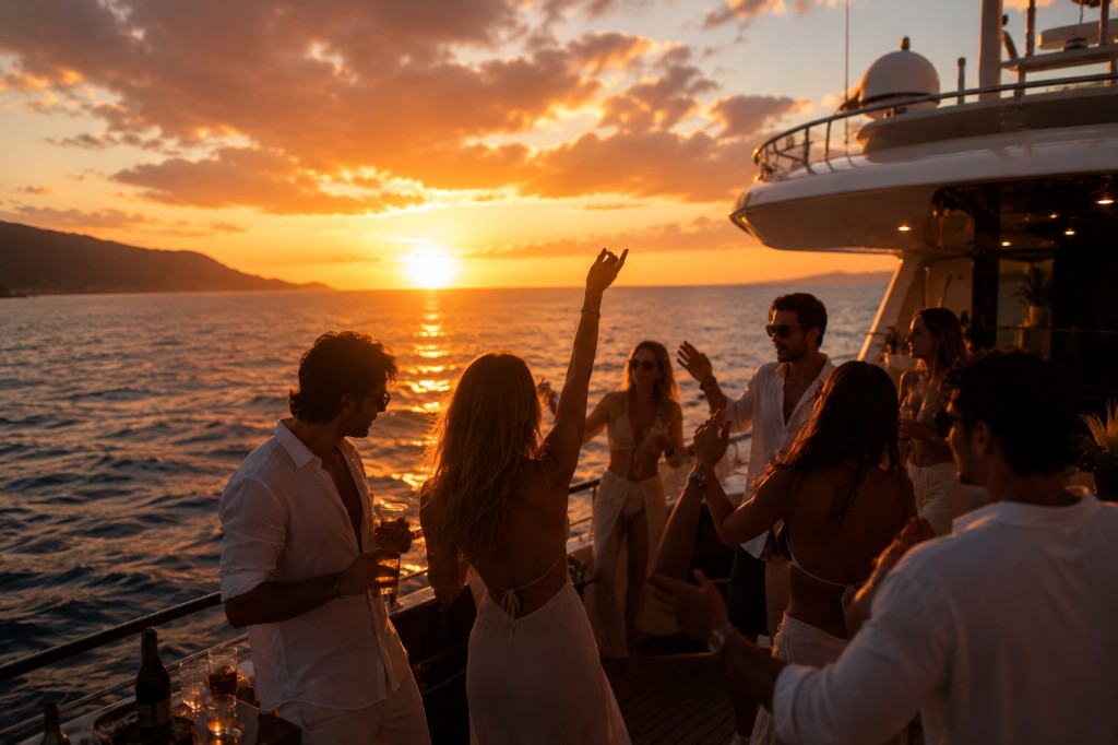 Yacht party sound and DJ setup on a boat at sunset in Phuket