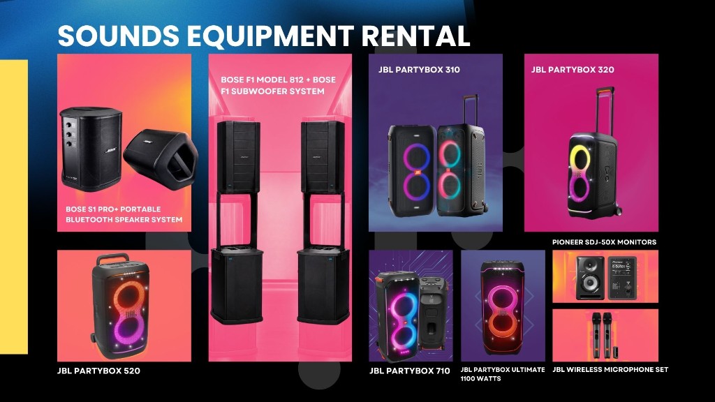 Sounds equipment rental catalog — Bose S1 Pro+, Bose F1, JBL PartyBox and Pioneer monitors