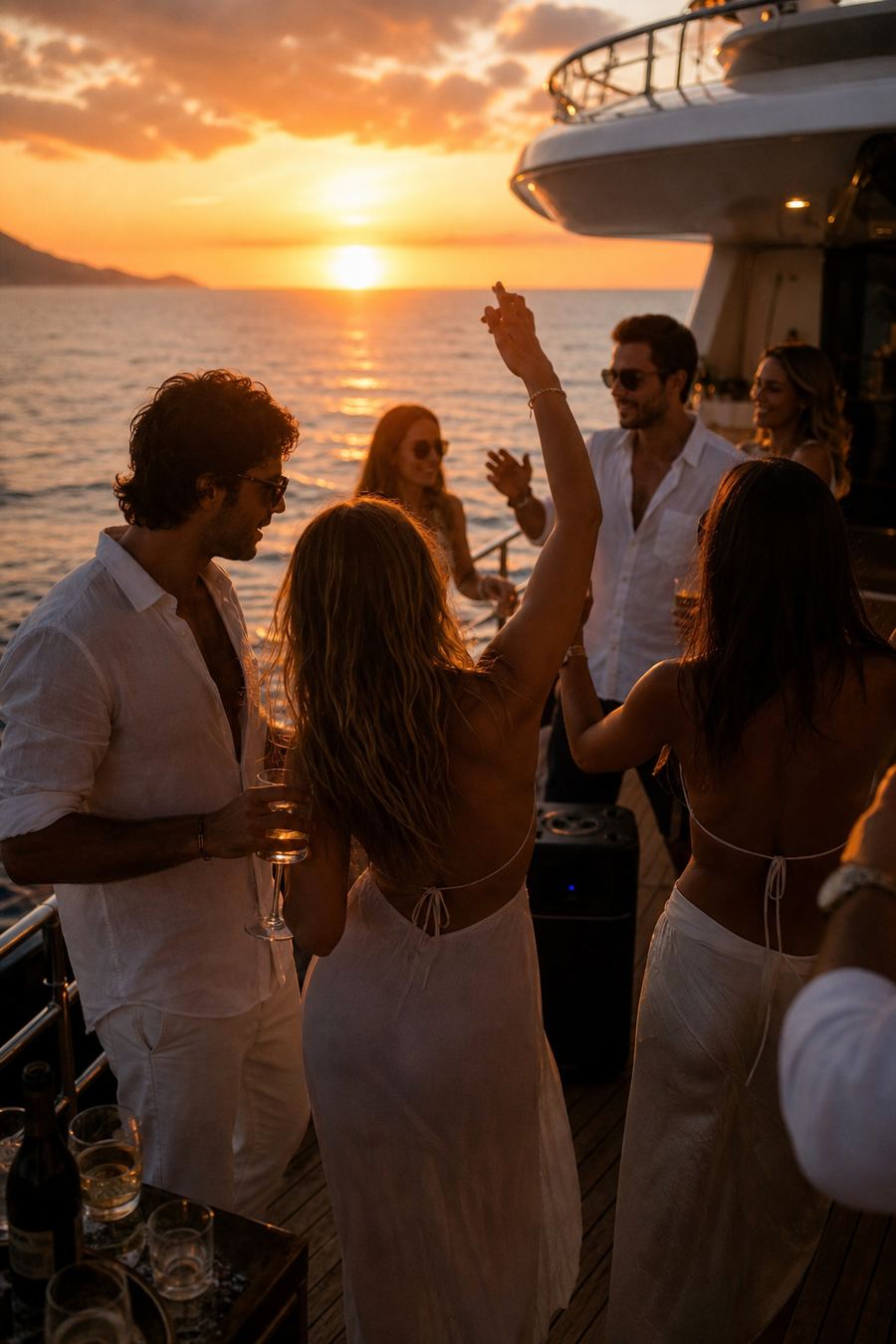 Friends celebrating on a yacht deck at sunset during a Phuket boat party